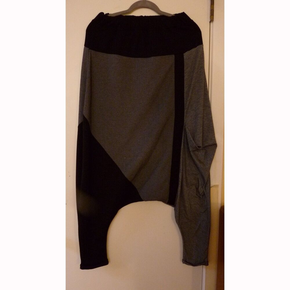Avant Garde Harem Pants Black Gray Patchwork Drop Crotch Lagenlook Art to Wear S